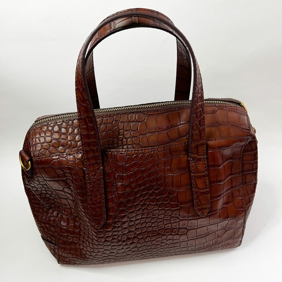 Fossil Handbags - FOSSIL Sydney Satchel Brown Croco Embossed Leather Crossbody Bag Tote